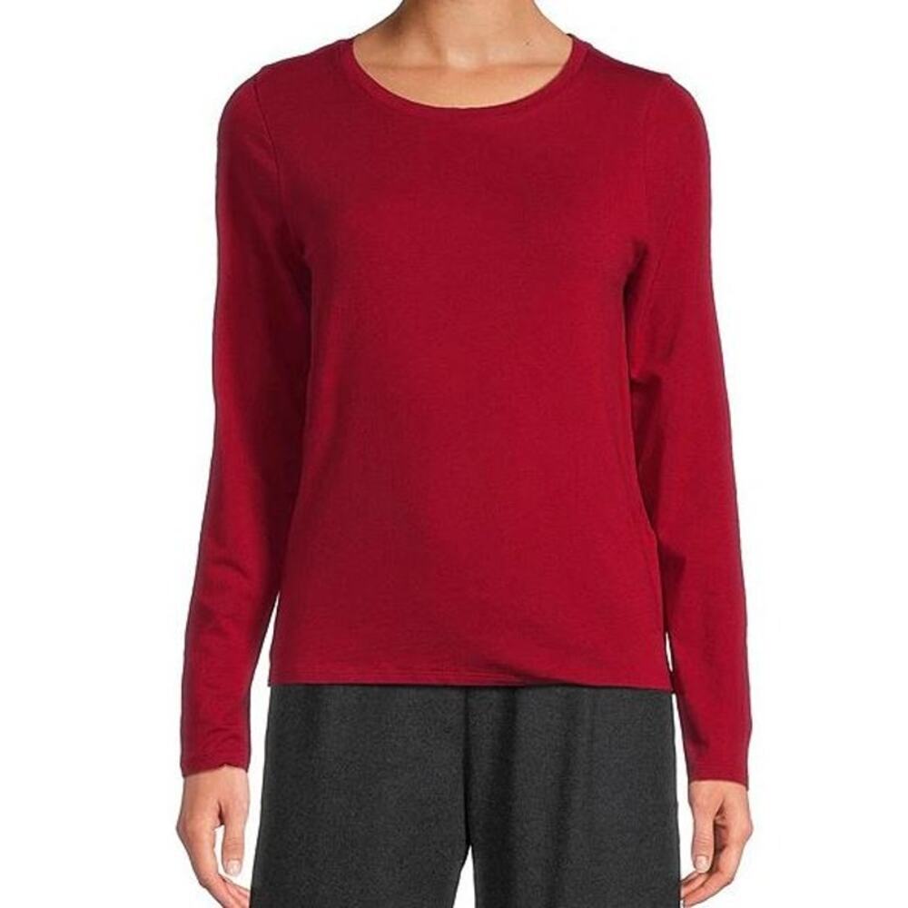 Eileen Fisher Size Large Boxy Top Red Cotton Round Neck Pullover Long Sleeves
